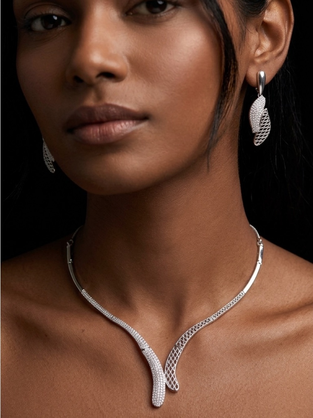 18k Gold Plated Zirconia Delicate Silver Openwork Necklace Earrings Jewelry Set